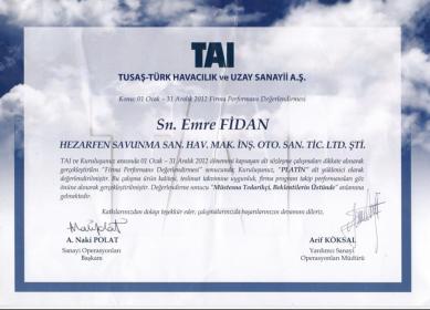 Platin Tedarikçi Sertifikası - 2012