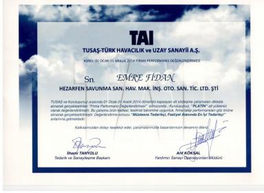 Platin Tedarikçi Sertifikası - 2014